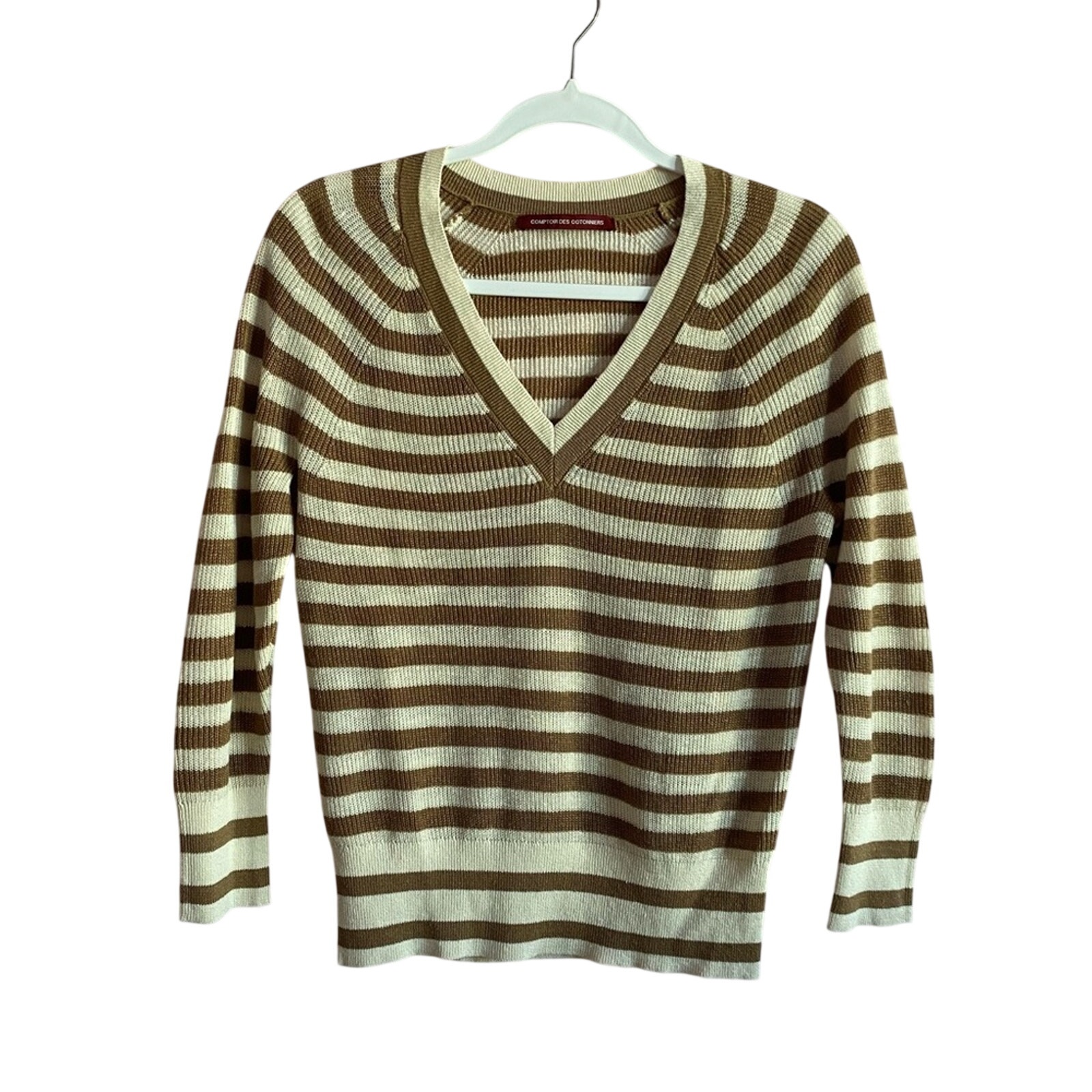 Comptoir Des Cotonniers V-Neck 100% Linen Purl Knit Quiet Luxury Stripe Sweater